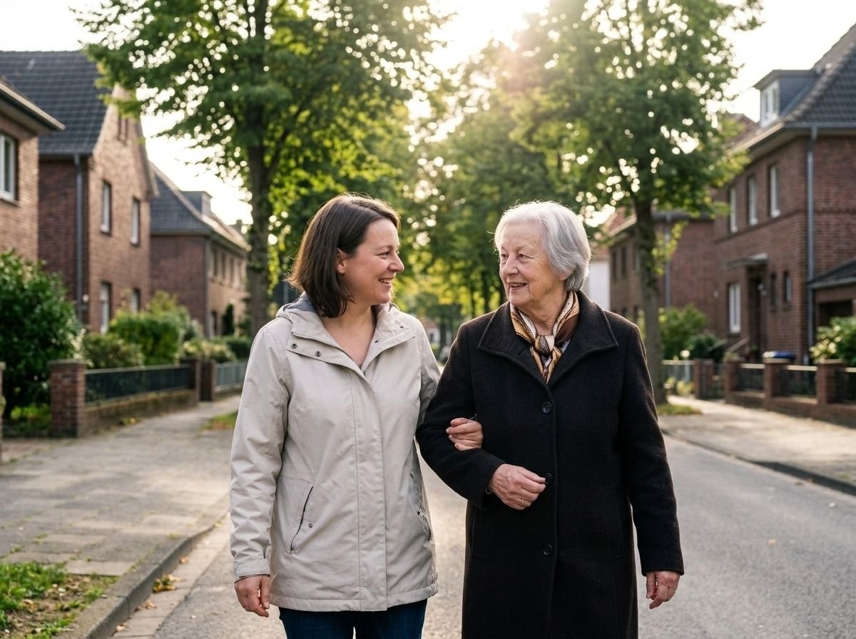 Alltagshelferin und eine Seniorin bei einem gemeinsamen Spaziergang