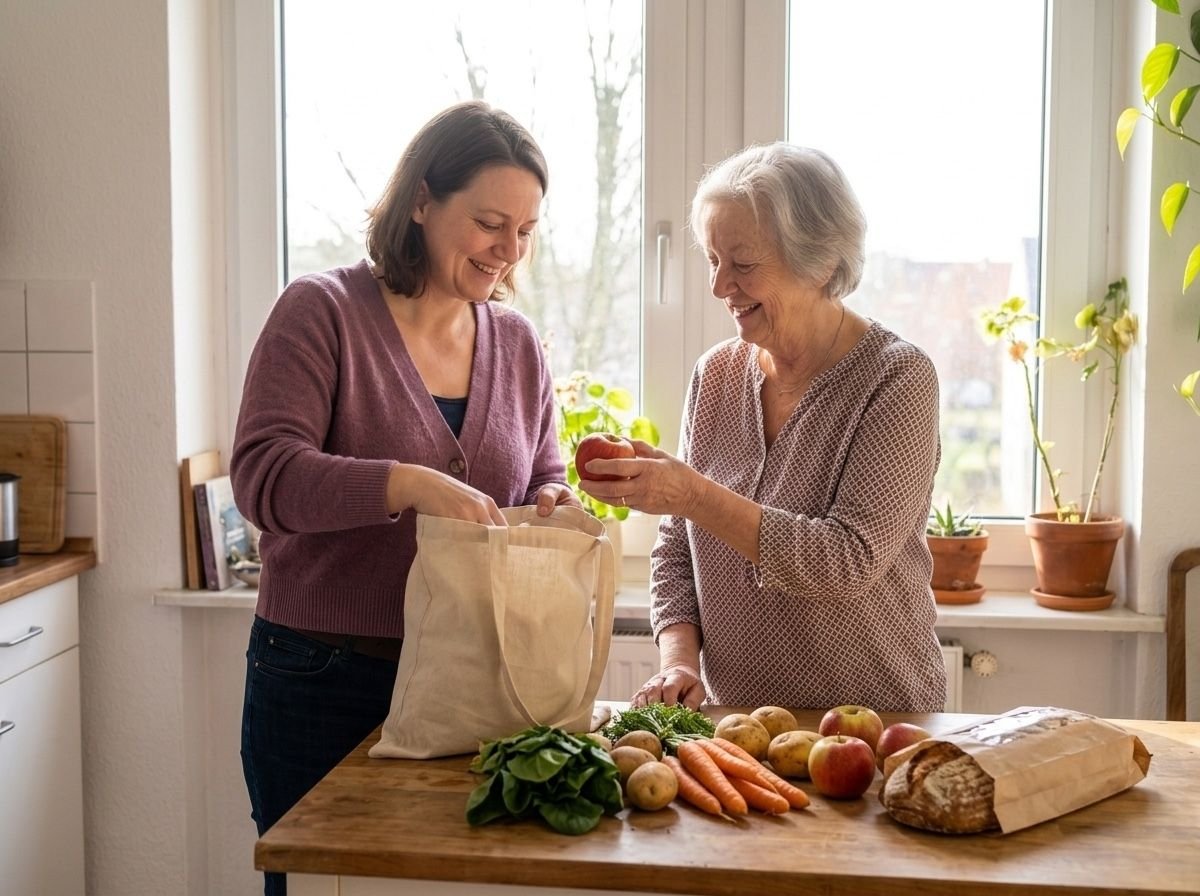Alltagshilfe und Seniorin packen gemeinsam frische Einkäufe in der Küche aus