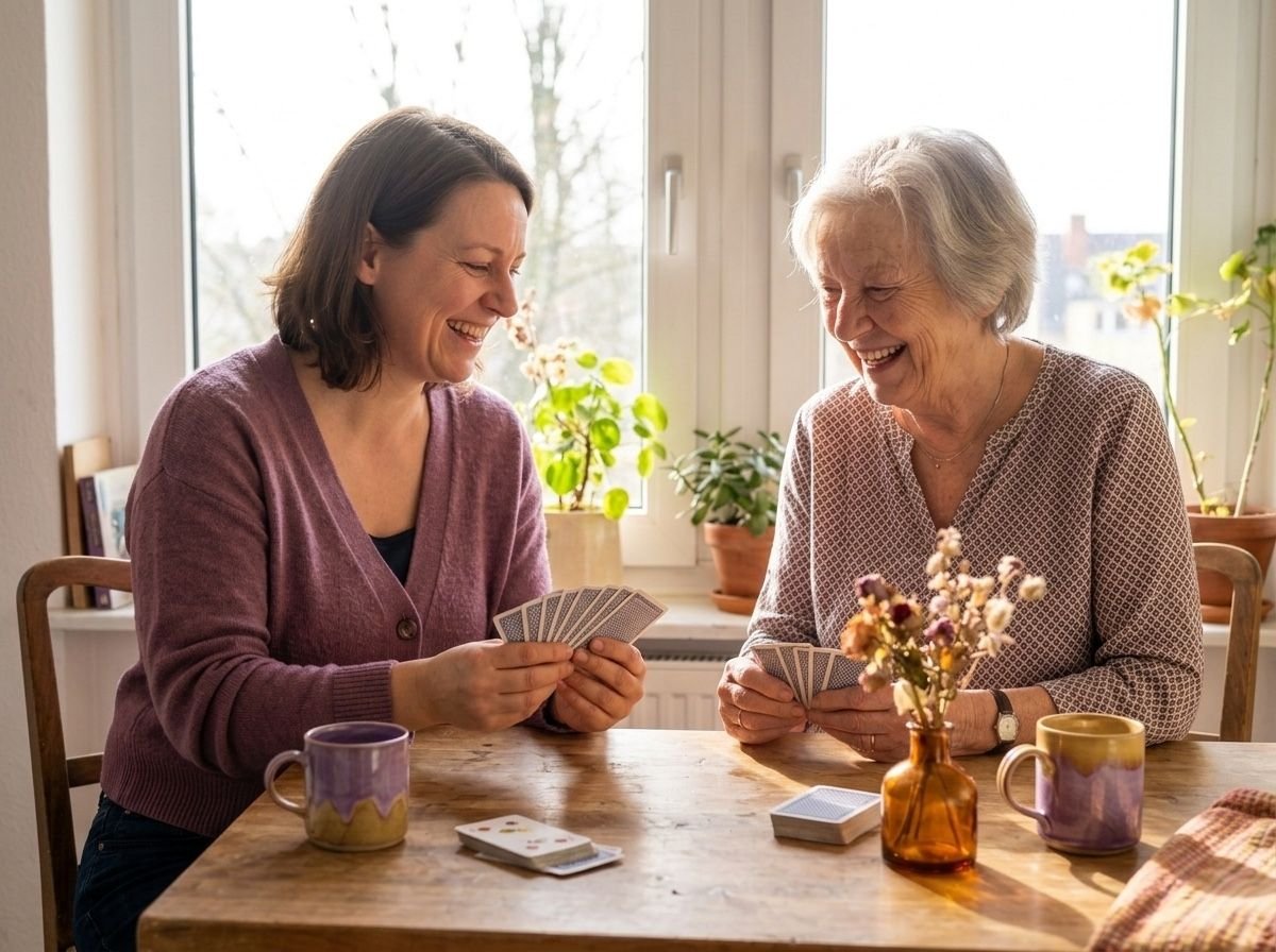 Alltagshelferin und eine Seniorin spielen gemeinsam Karten am Esstisch