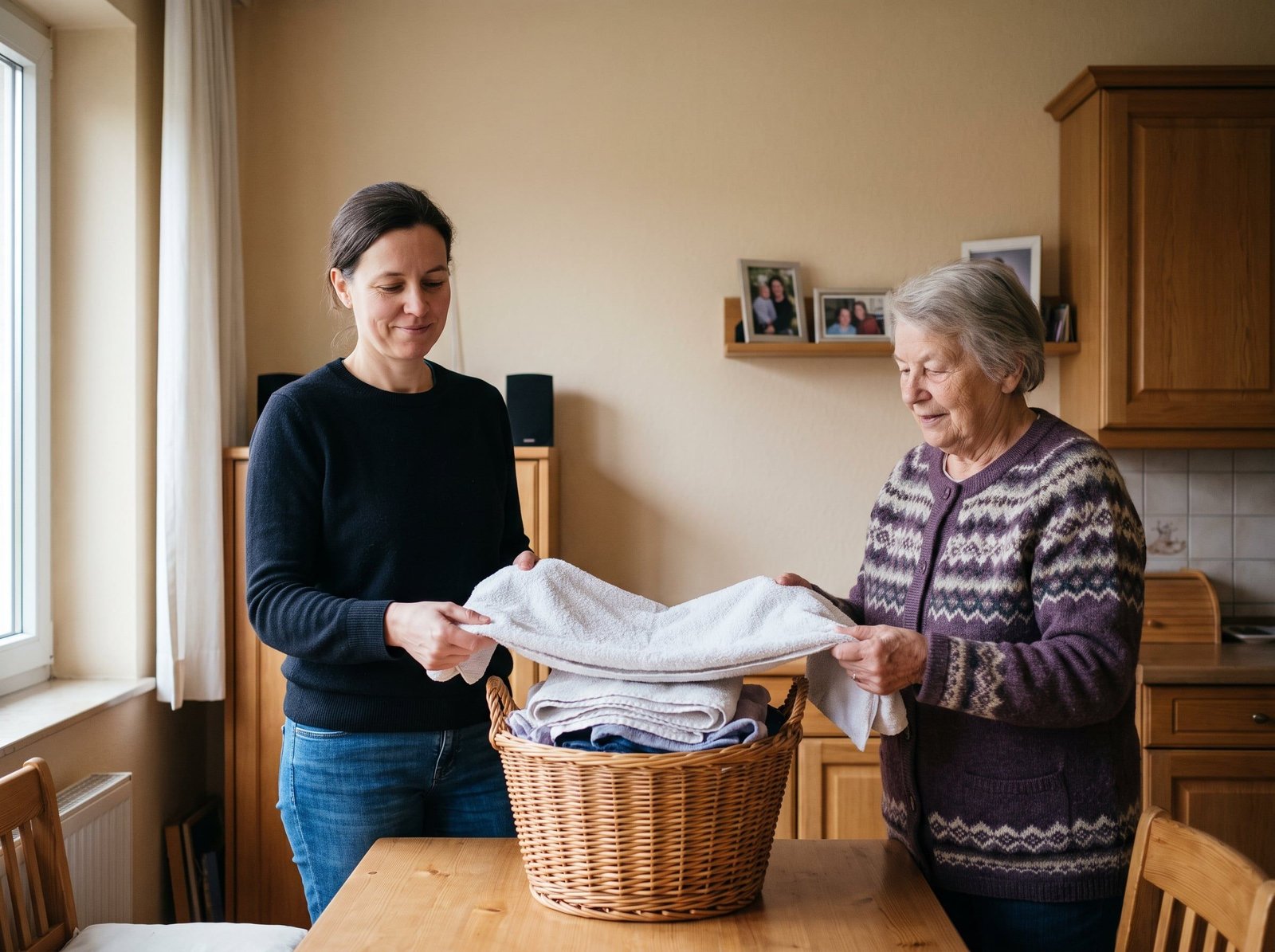 Alltagshelferin unterstützt eine Seniorin beim Wäschefalten zu Hause