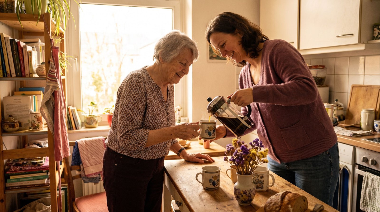 Alltagshelferin und eine Seniorin bereiten in einer gemütlichen Küche gemeinsam Kaffee zu